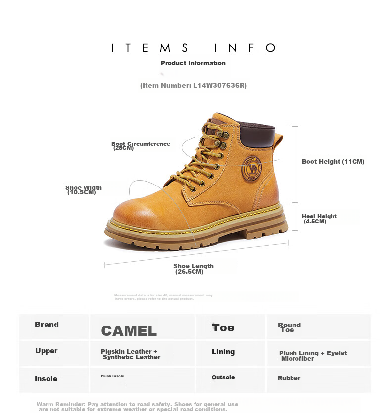 CAMEL [Shanze] Men's Yellow Boots, Fashionable Martin Boots, Casual Work Boots, L14W307636, Gray, Size 39 29