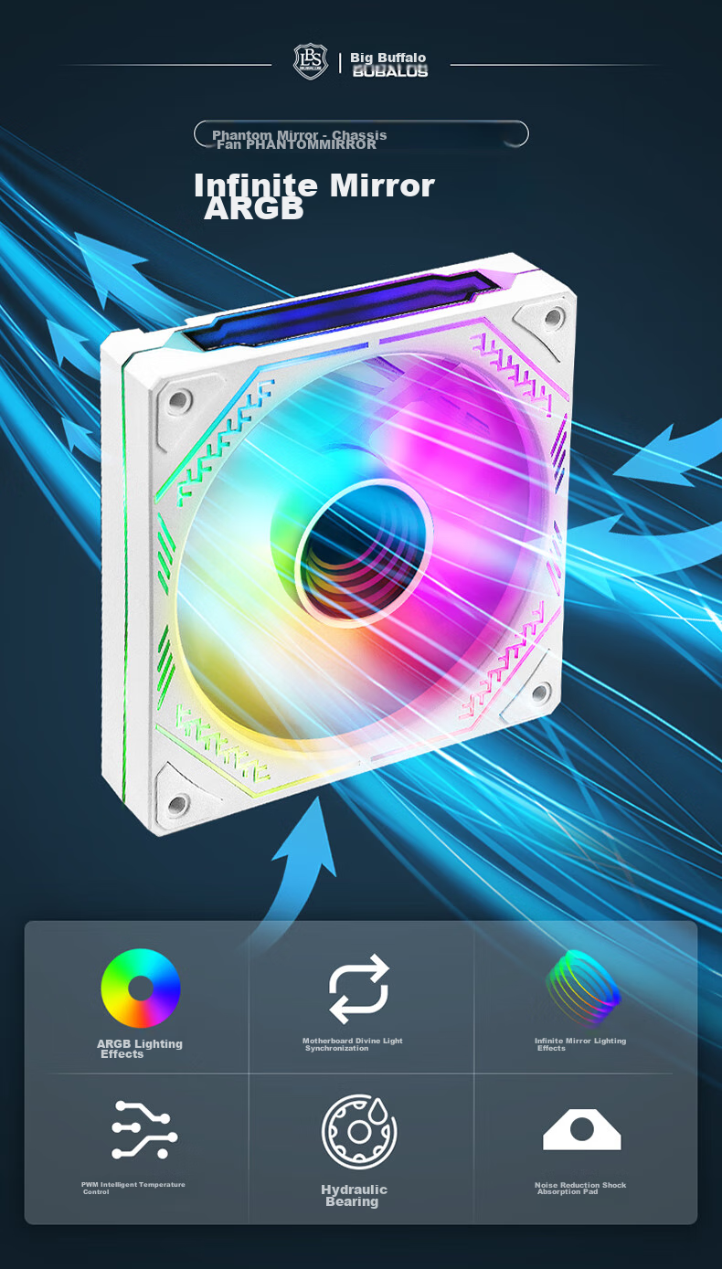 BUBALUS Phantom Mirror, White Straight Blade, ARGB RGB Fan, 12cm Straight Air Outlet Case Fan, 4PIN PWM Intelligent Temperature-Controlled Speed Fan, Light Synchronizatio 1
