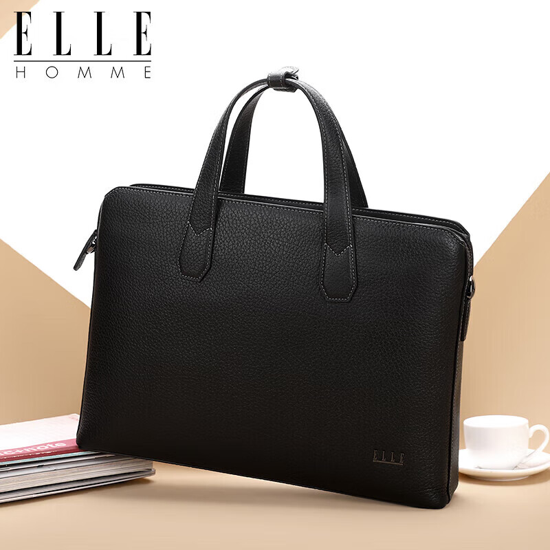 ELLE HOMME Men's Business Briefcase, Luxury Top-Grain Leather Handbag, Slim Crossbody Laptop Bag 03210 Black