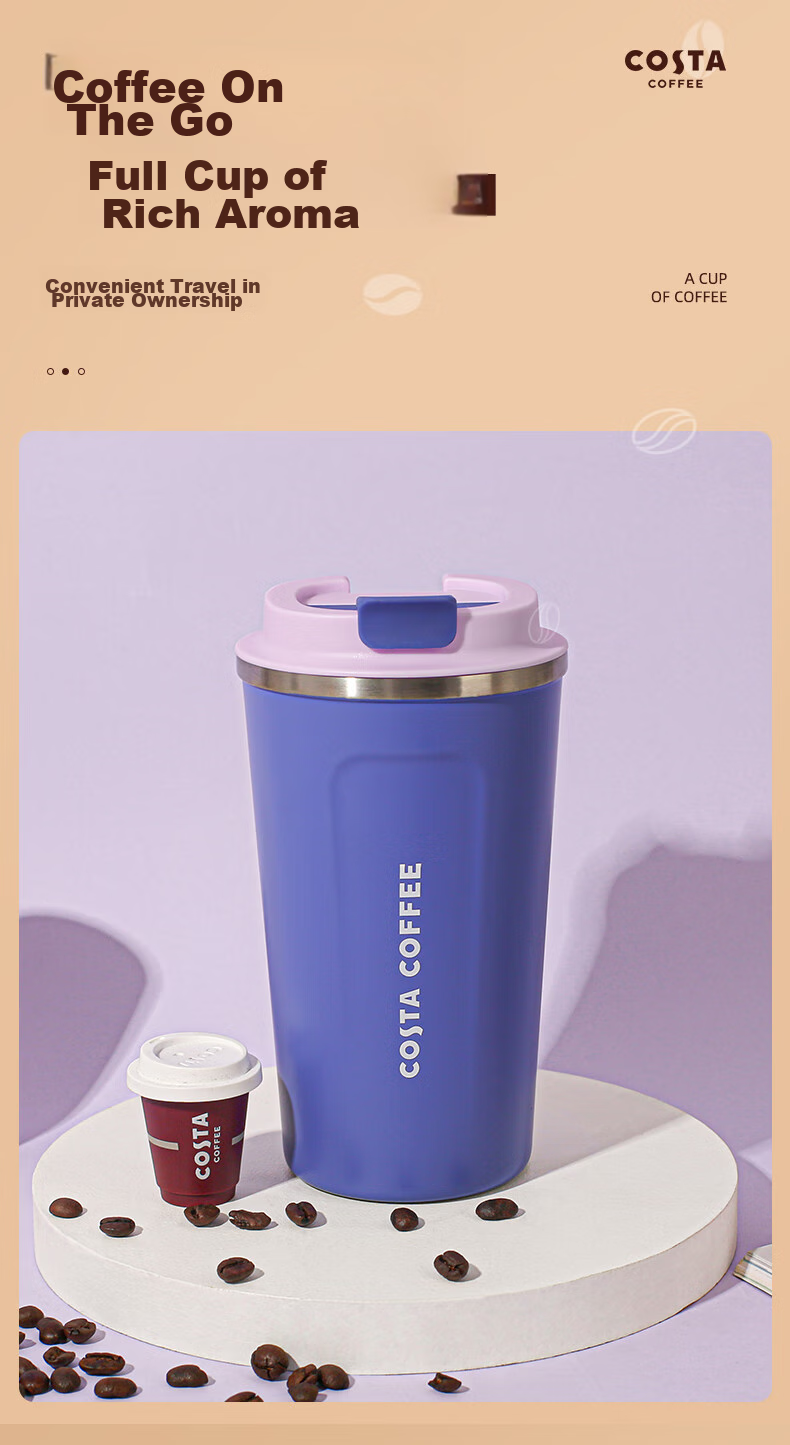COSTA Stainless Steel Coffee Mug with Lid, Portable Travel Cup for Men And Women, Car-Friendly Insulated Water Bottle, Gift 7
