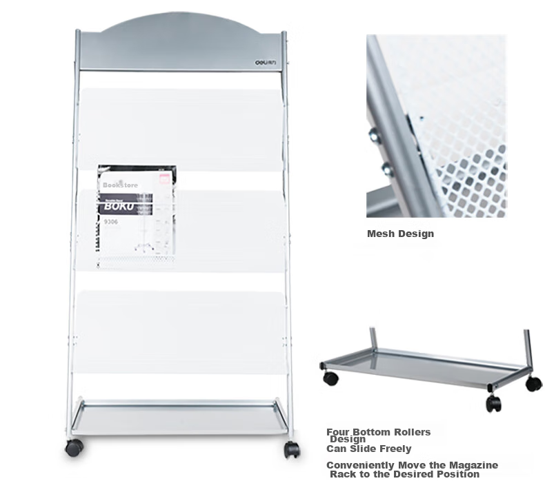 Deli 3-Tier Business Metal Magazine Rack, Periodical Stand, Brochure Display Shelf, Floor-Standing Document Holder, Height 1.27 Meters, 9308 2