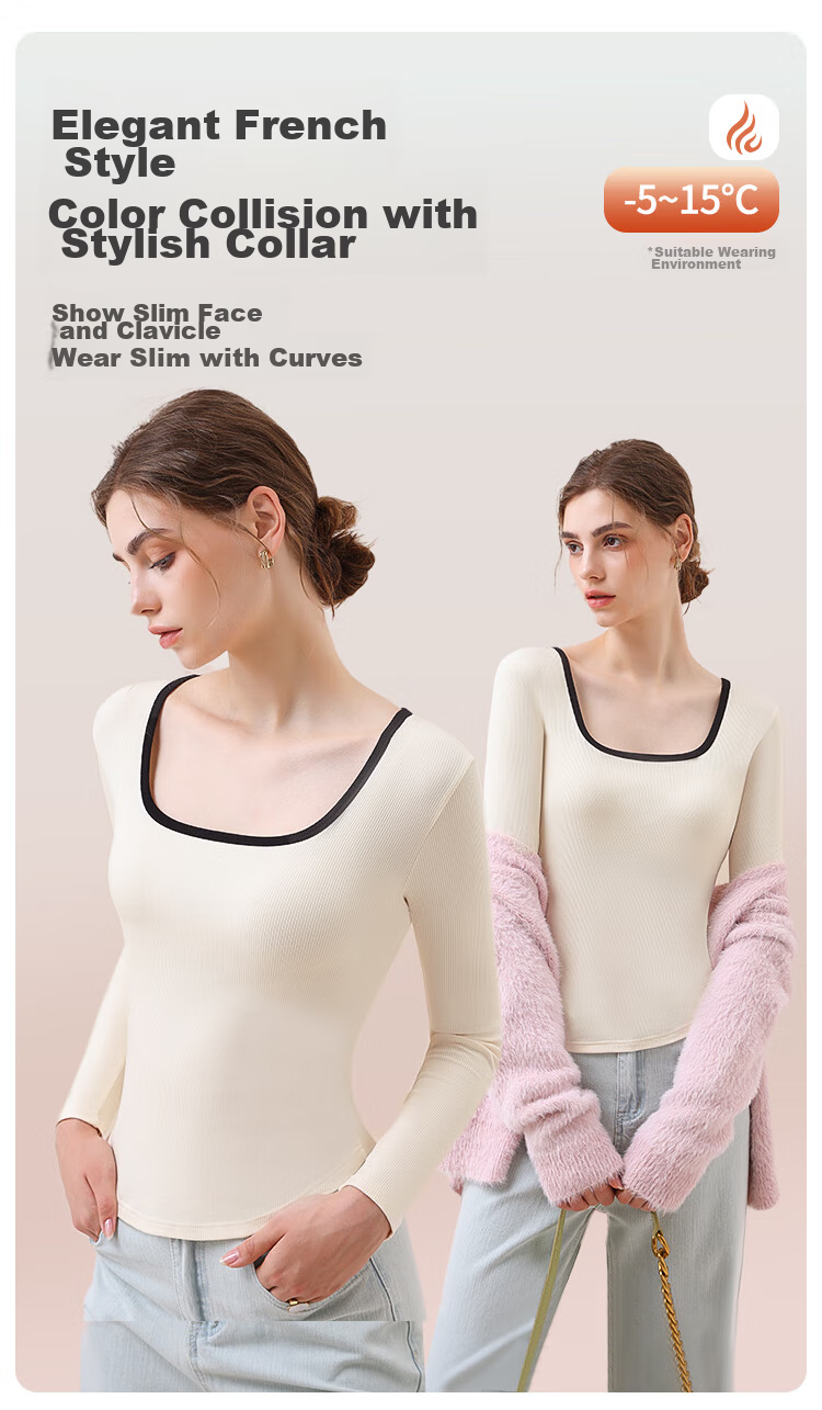 MiiOW Women's T-Shirt, U-Neck Design, Contrasting Colors, French Style, Striped Pattern, New 2026 Model, Slim-Fit Base Layer Top for Wome 1