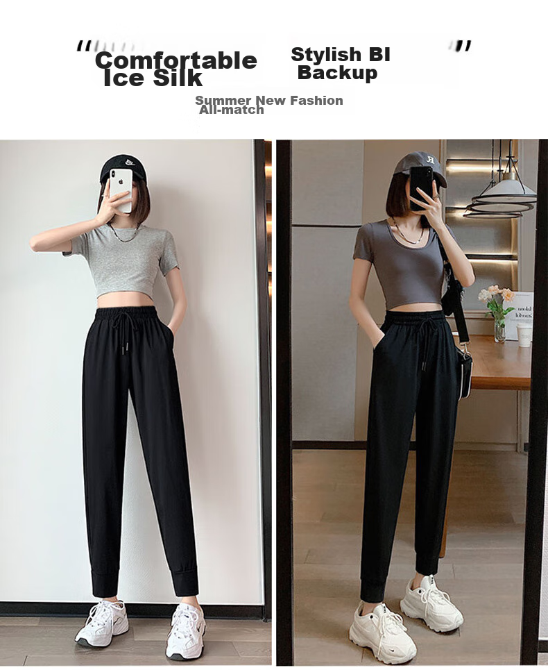 XUEXIMAN Ice Silk Sports Pants for Women, Summer Lightweight Loose Casual Pants, Elastic Ankle Harem Black Slimming Quick-Dry Women's Trousers Black 4
