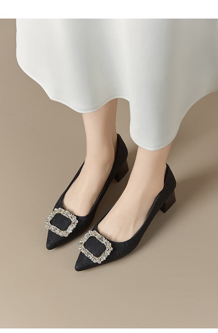 Josiny Rhinestone Square Buckle Pointed Toe Slip-On Chunky Heel Fashion Shoes, Spring Stylish Versatile Elegant Women's Pumps, Light Gold, Size 37 12