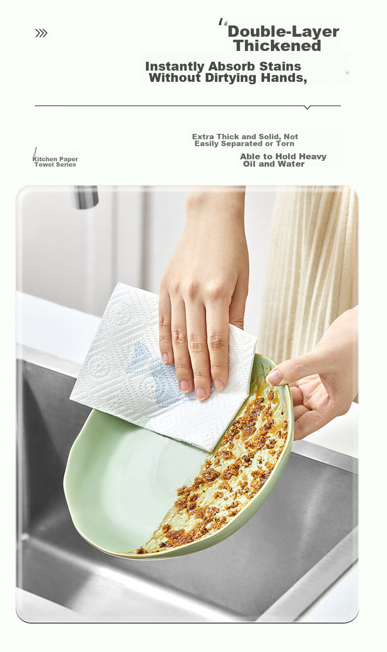 Mind Act Upon Mind Kitchen Paper Towels/roll Paper 75 Sheets*2 Rolls Oil-Absorbing Water-Locking Kitchen Paper Towels Food-Grade Disposable Cleaning Cloth 7