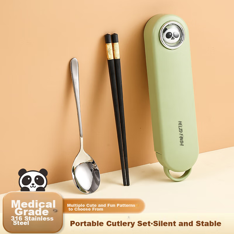 WORTHBUY 316 Stainless Steel Chopsticks And Spoon Set, Portable Cutlery for One Person, Student Travel, Storage Box, Three-Piece Set, Gree