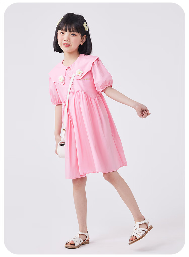 QQ DUCK Girls' Dress, Children's Summer Dress, Youth Clothing, Sweet Heart Collar, Pink; Size 120 9