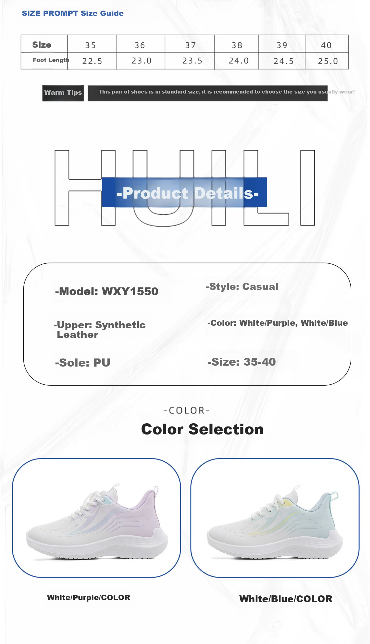 Huili Women's Leather Sneakers, Lightweight Casual Soft-Soled Shock-Absorbing Running Shoes WXY1550 White Blue 37 1