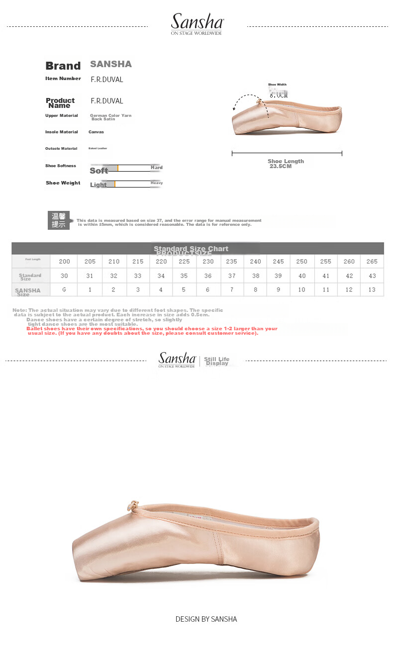 Sansha Ballet Pointe Shoes, Satin Upper, Leather Sole, Dance Shoes, Hard Shoes, Practice Shoes, FRD1.0REG, De Satin, Size 38 7