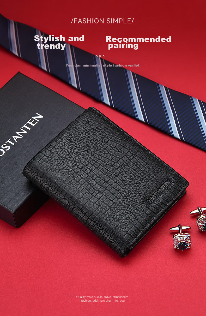 BOSTANTEN Men's Wallet, Short Style, Top-Layer Cowhide Leather, Student Foldable Multi-Card Holder, Korean-Style Clutch Wallet 1