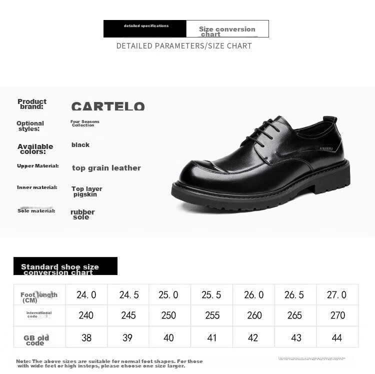 CARTELO Top-Grain Leather British-Style Chunky Men's Shoes, Business Casual Men's Leather Shoes, Thick-Soled Height-Increasing Shoes for Men, 9726 Black, Size 39 6