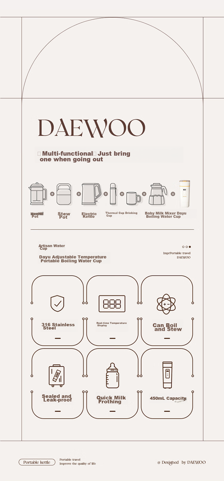 DAEWOO [National Day Outing] Portable Electric Kettle Travel Thermos Insulated Constant Temperature Baby Tea Electric Stew Cup 450ml D9PRO 3