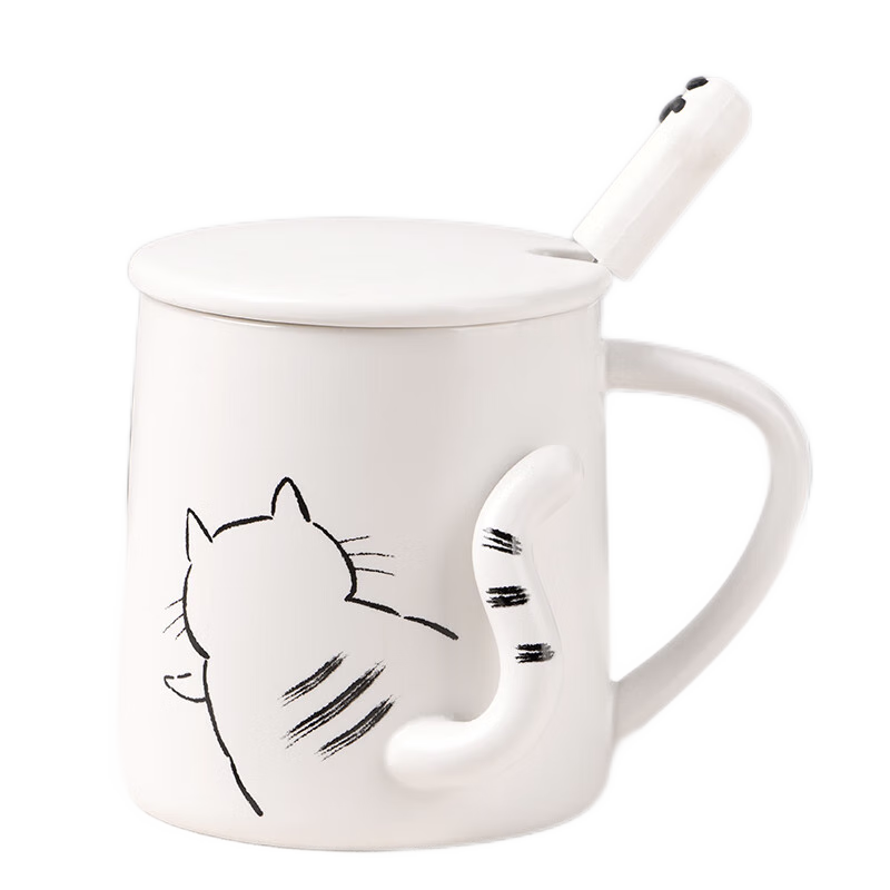 BJ White Mug, Breakfast Children's Water Cup, Ceramic Mug with Lid, Large Capacity Milk Cup, Coffee Cup, Couple's Mug