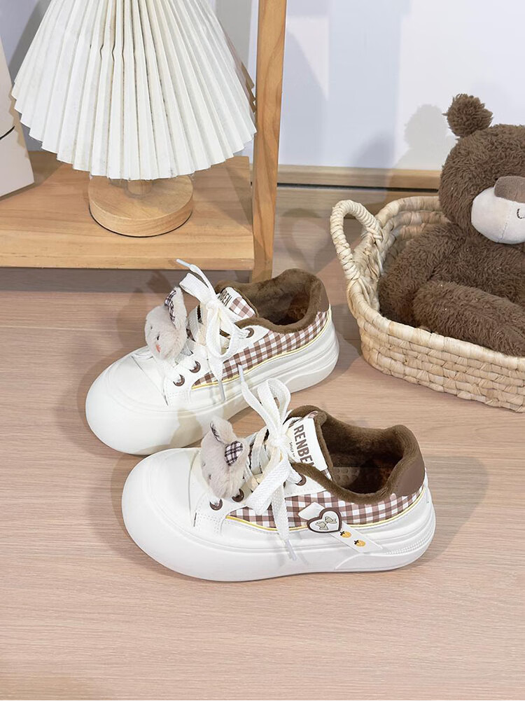 Renben Fleece-Lined Women's Cartoon White Shoes Winter New Cotton Shoes Thick Sole Casual Shoes Khaki Cotton Shoes Size 39 7