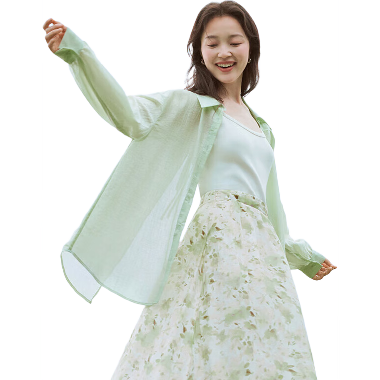 INMAN [Showroom Style] Tencel Sun Protection Thin Long-Sleeve Shirt Jacket for Women, Summer 2026, Light Green, Size S