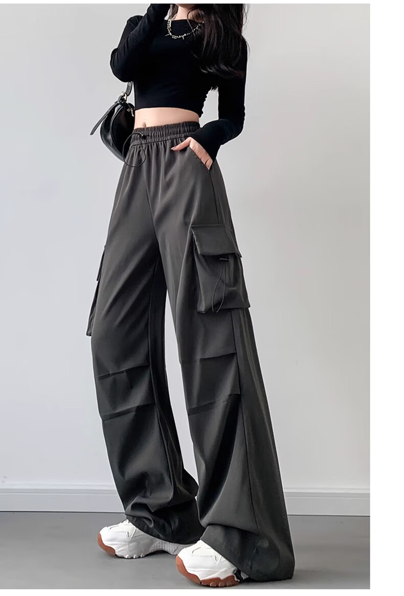 LangSha American-Style Parachute Cargo Pants for Women, Summer Ice Silk High-Waist Wide-Leg Loose Casual Quick-Dry Outdoor Sports Pants 30