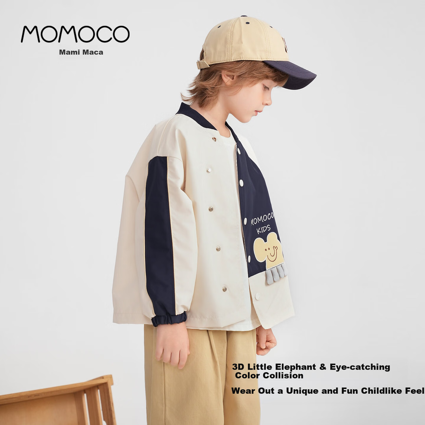 MOMOCO Children's Jacket for Boys, Baseball Collar Stylish Coat, Autumn 2025 Collection, Off-White, Size 120