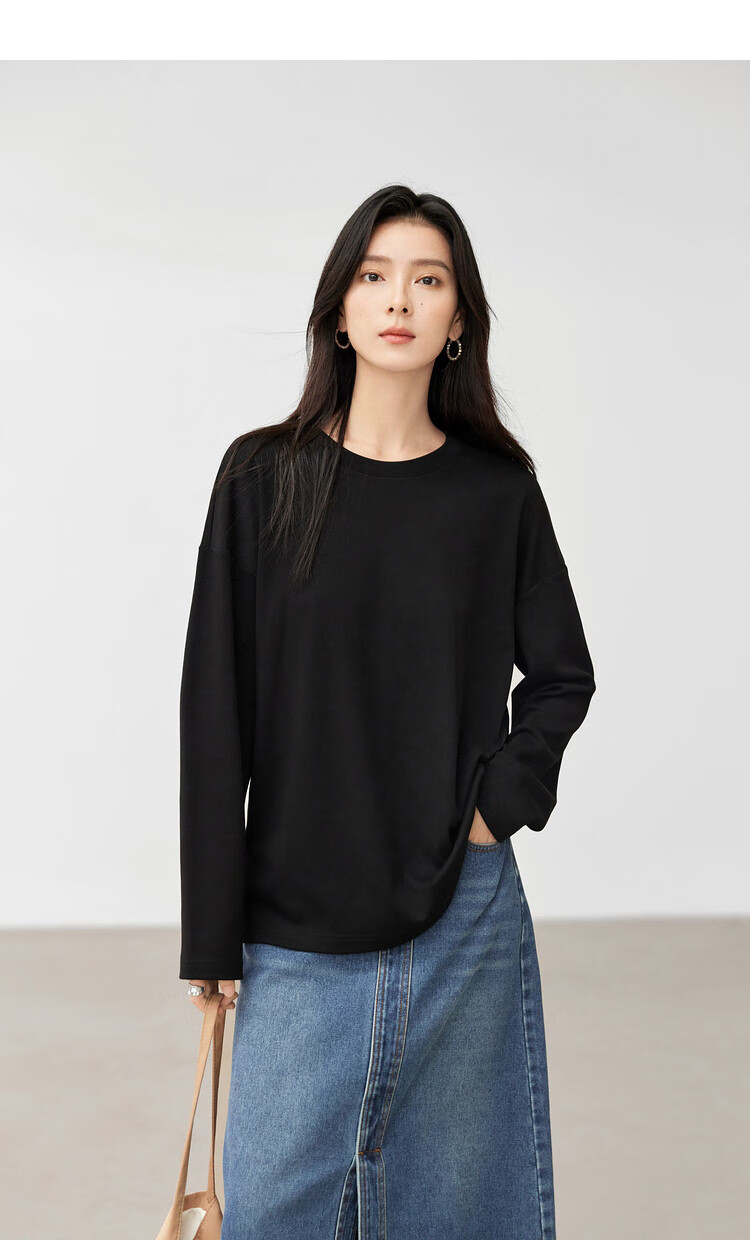 TUCANO Pure Cotton Long-Sleeve T-Shirt for Women, Base Layer, Autumn And Winter Style, Loose Casual Versatile Regular Shoulder Slimming Top, Black, S 12