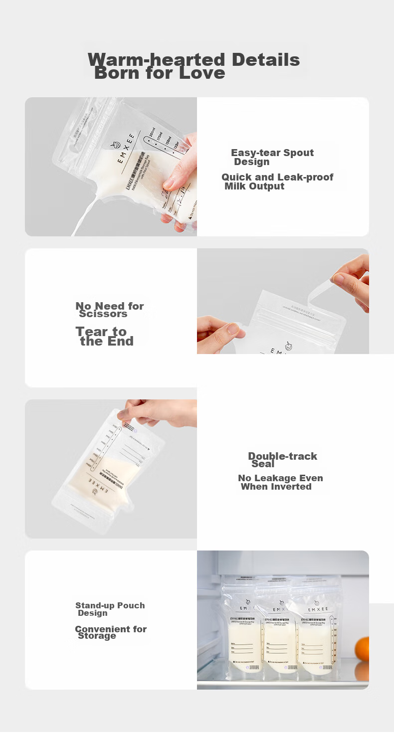 EMXEE Breast Milk Storage Bags, Disposable Breast Pump Bags, Nipple-Shaped Storage Bags, Refrigerated Milk Storage Bags, Leak-Proof, Temperature-Sensitive, 200ml*5 Pieces 10