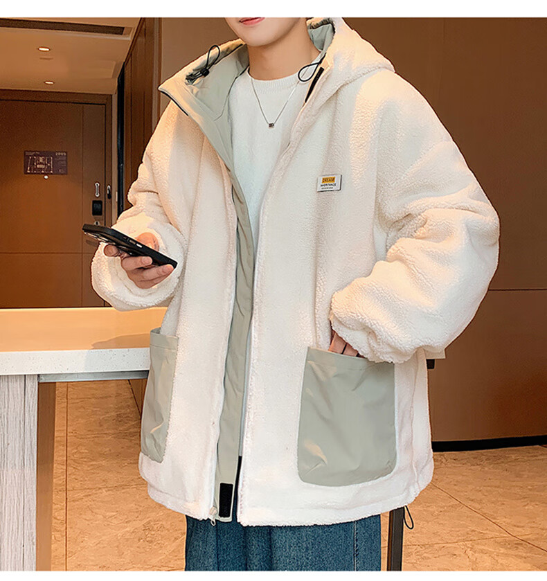 NASA MARVEL Men's Winter Cotton Padded Hooded Jacket Lamb Wool Warm Couple's Puffer Coat Black 3XL 4