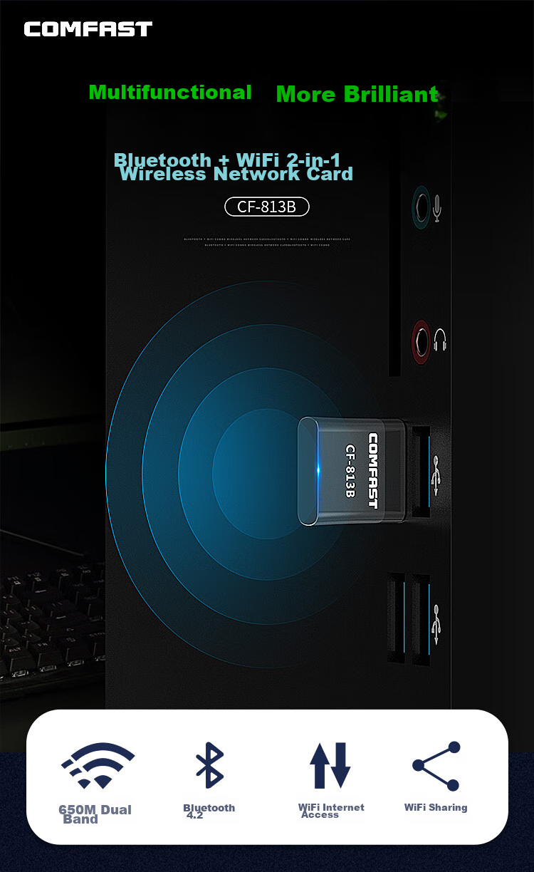 COMFAST CF-813B Dual-Band 650M Bluetooth 5G Wireless Network Adapter for Desktop And Laptop Computers, WIFI Receiver And Transmitter, Bluetooth WIFI Two-I 1