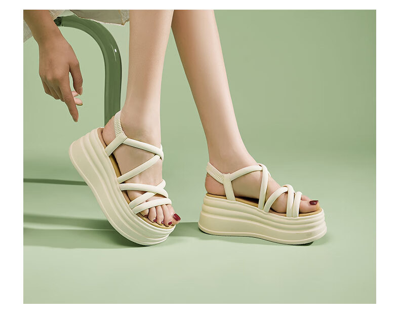 DAPHNE Casual Beach Sandals for Women, Fashionable Thick-Soled Platform Shoes, High-Heeled Soft-Bottom Versatile Slimming Women's Shoes, Beige, Size 37 9