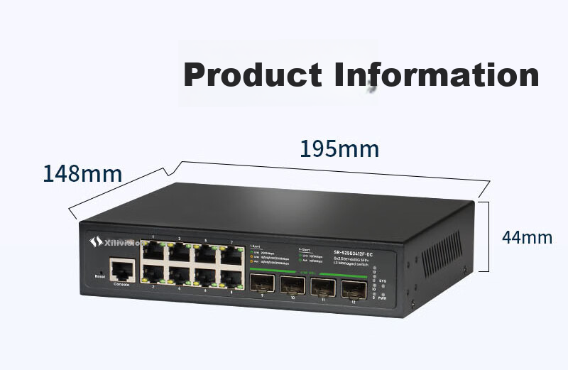 Xiliweishi 8-Port 2.5G Ethernet + 4-Port 10G Optical Switch, Layer 3 Managed LAPC Aggregation VLAN, Layer 3 Routing, Supports External Power Adapter, 10G SR-S25G3412F 8