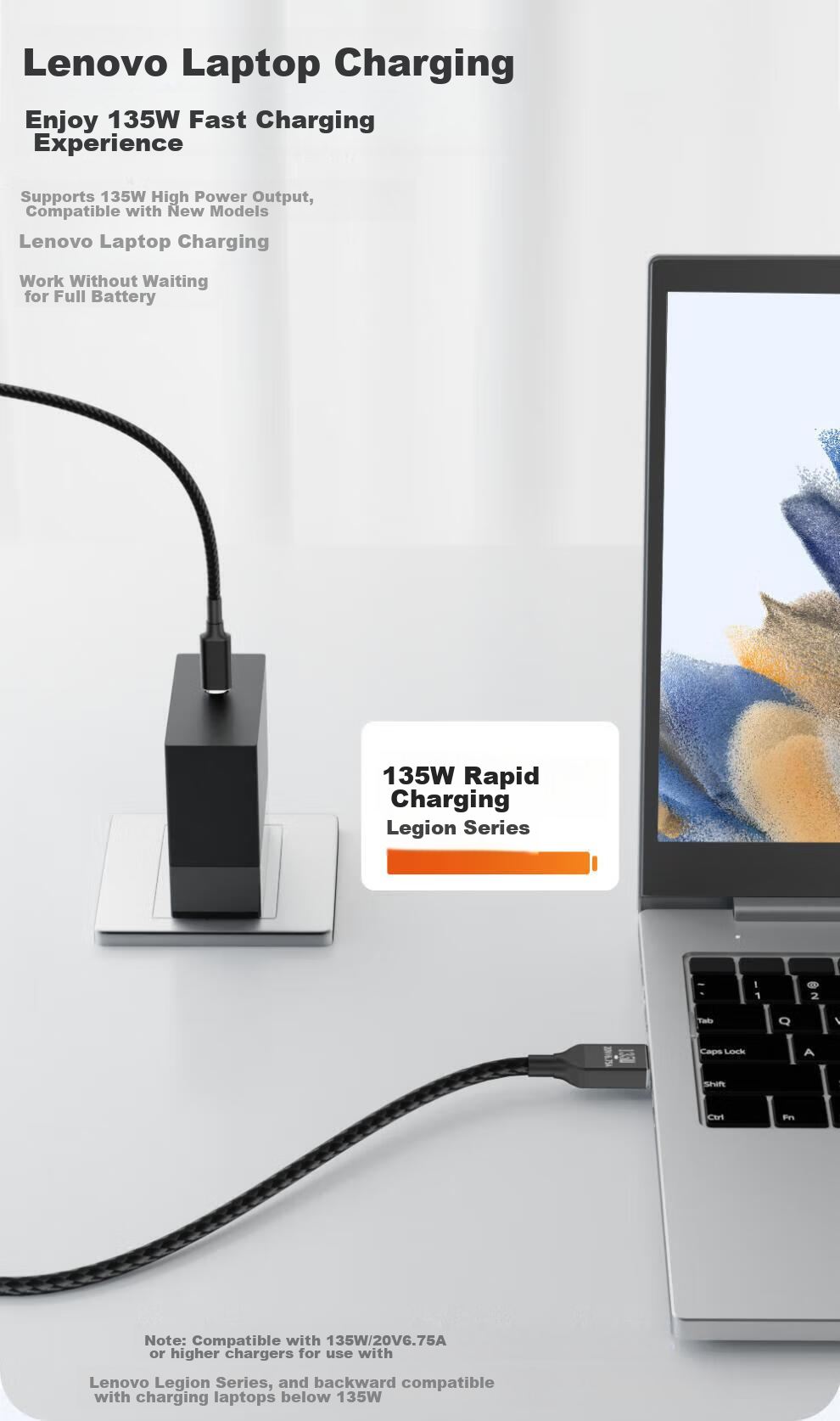 BIAZE Compatible with Lenovo Legion Laptop Charging Cable, Type-C to 135W Square Port PD Fast Charging Cable, USB-C to Square Head Adapter for ThinkPad 2