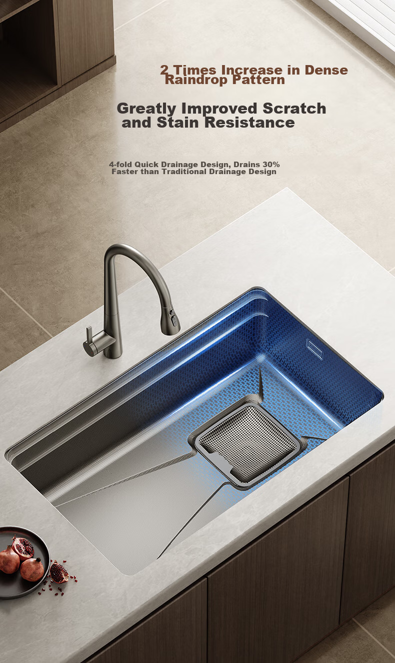 ARROW Kitchen Large Single Bowl, 304 Stainless Steel Embossed Sink, Nano-Embossed Vegetable Washing Basin, Undermount Sink 11