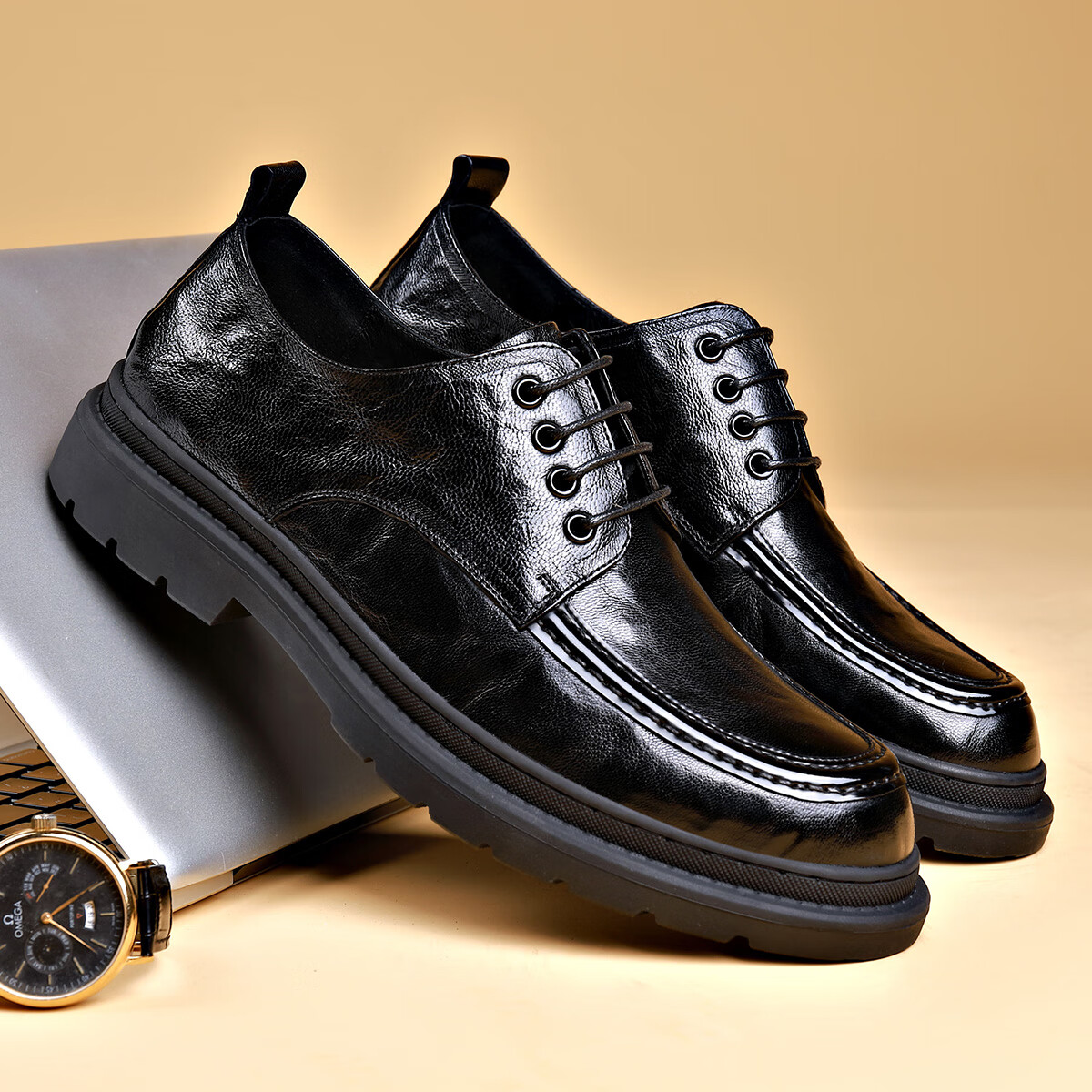 St&Sat Men's Shoes, Men's Hand-Scratched Leather Shoes, Business Casual Leather Shoes for Men, Black, Size 38