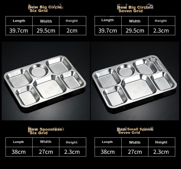 Jinwanfu Stainless Steel Divided Plate, School Canteen Dining Tray, 304 Stainless Steel Compartment Plate, 1.0mm Thick, 450g, Large Six Compartments 19