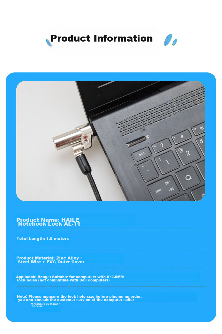 HAILE Laptop Lock Anti-Theft Lock Password Lock, Suitable for HP Lenovo 6*2.5mm Laptop Lock Hole, AL-11 8