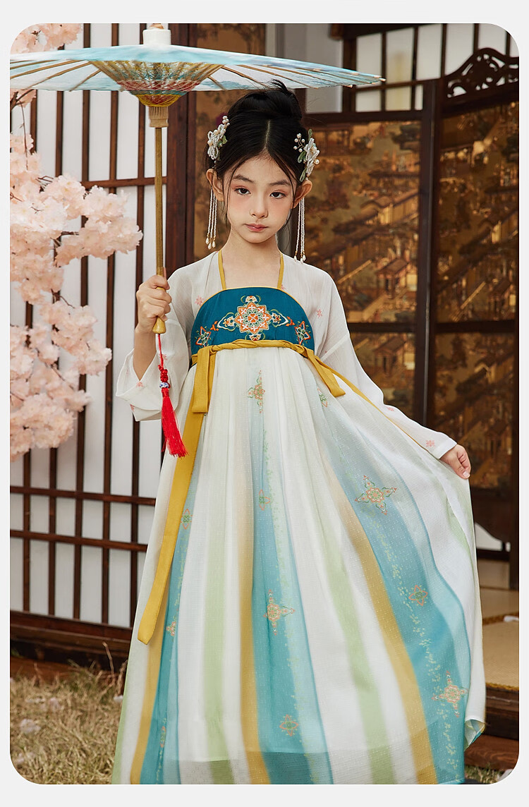 ASK JUNIOR Children's Dress Girls' Princess Dress Summer Dress for Older Children Chinese Style New Hanfu Dress Green 160 10