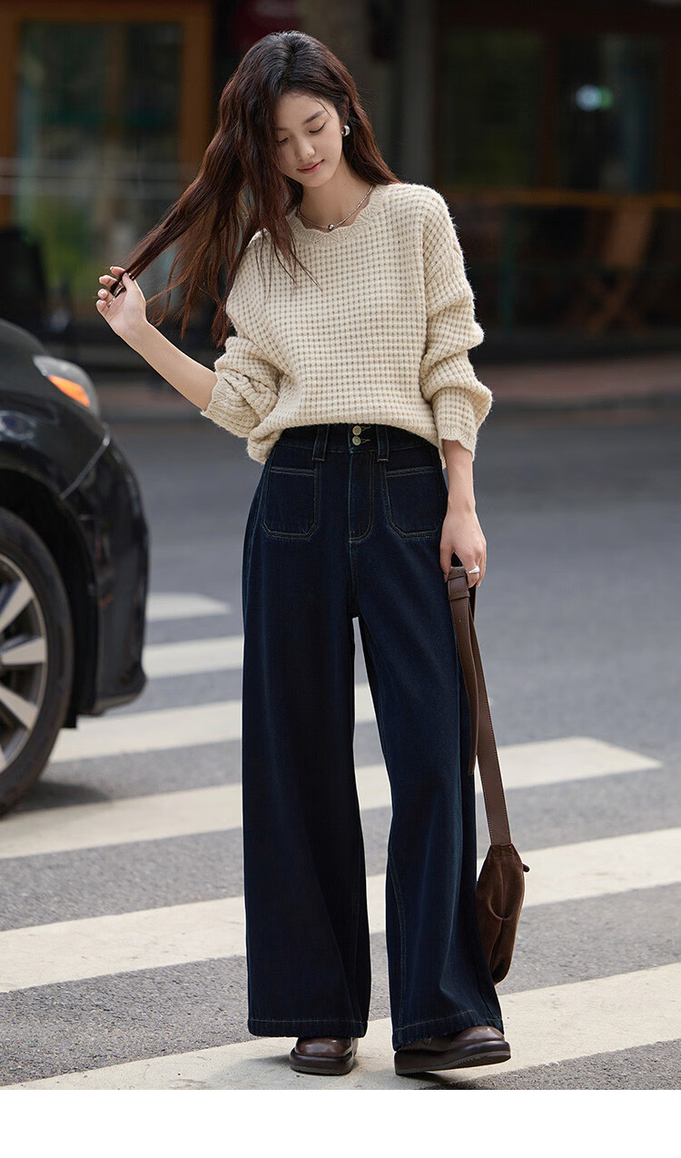 Dme Simple Blue Straight-Leg Pants Winter Style Double-Buckle Wide-Leg Design Fleece-Lined Jeans for Wome 10