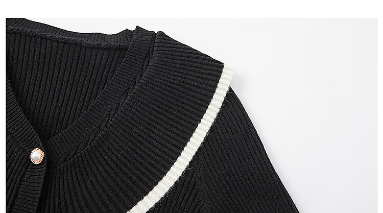 Dme V-Neck Faux Fur Cardigan with Ruffle Trim And Contrasting Color, Ruffle Trim Knit Sweater Women's Top, Black, S 13