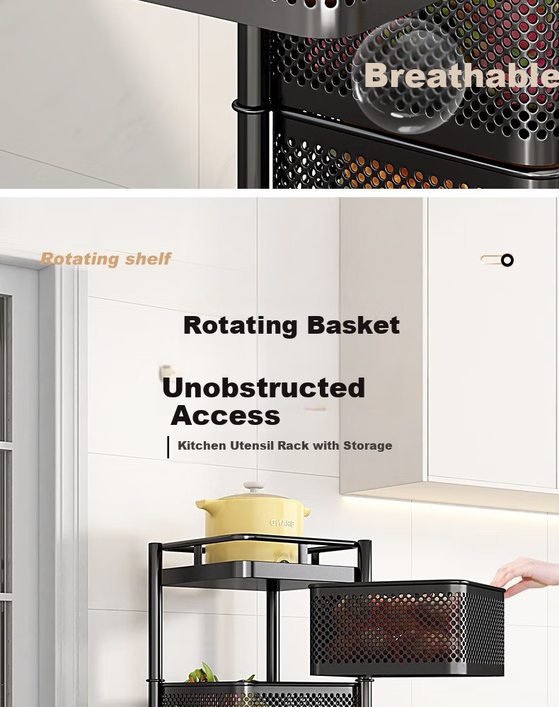 Yicainianhua Kitchen Storage Rack, Floor-Standing Vegetable Basket, Rotating Shelf, Vegetable Organizer, Living Room Storage Movable Cart, 1118-WH 7