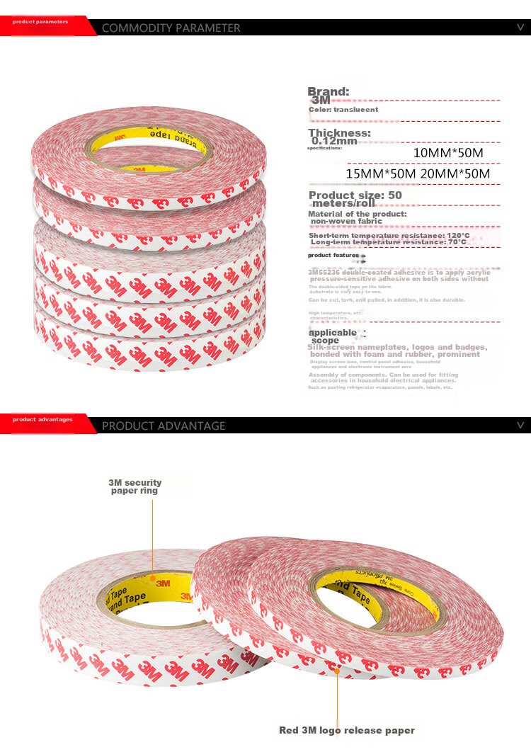 3M Double-Sided Tape for Spring Festival Couplets, Wedding Room Decoration, Non-Woven Fabric, Semi-Transparent Cotton Tape for Couplets, Heat Resistant, 55236 Double-Sided Tape, 20mm Long, 50m Thick, 0.12mm 1