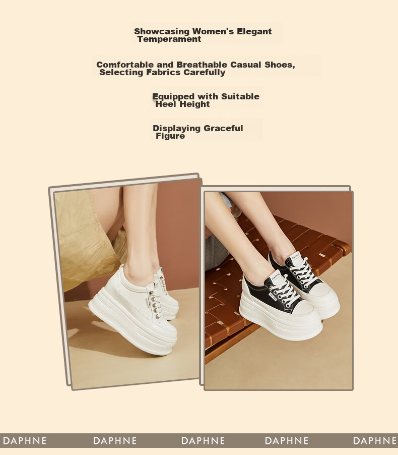 DAPHNE Thick-Soled Height-Increasing Casual Shoes for Women, Classic Sneakers, Height-Increasing Slimming White Shoes for Petite Women, White, Size 35 2