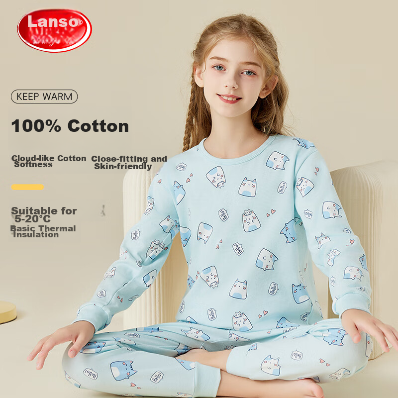 LangSha [7A Antibacterial New Product] Children's Underwear, Girls' Autumn Top And Pants, Pure Cotton Autumn And Winter Thermal Pajama Set