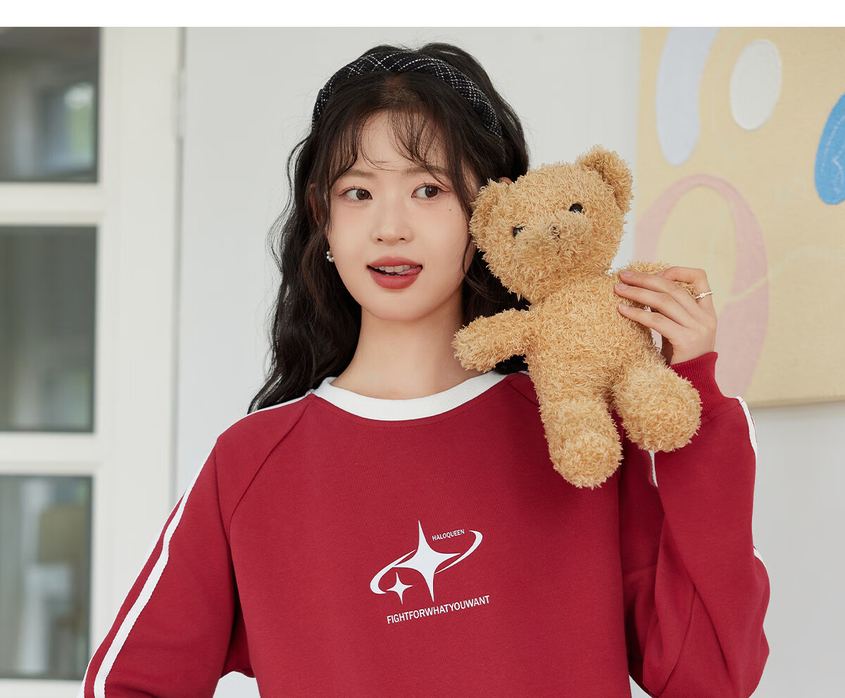 Halo Queen Women's Sweatshirt, Round Neck, Striped, Fashionable New Year Red, Casual Style, Loose-Fitting Top Jacket H143W1017 54