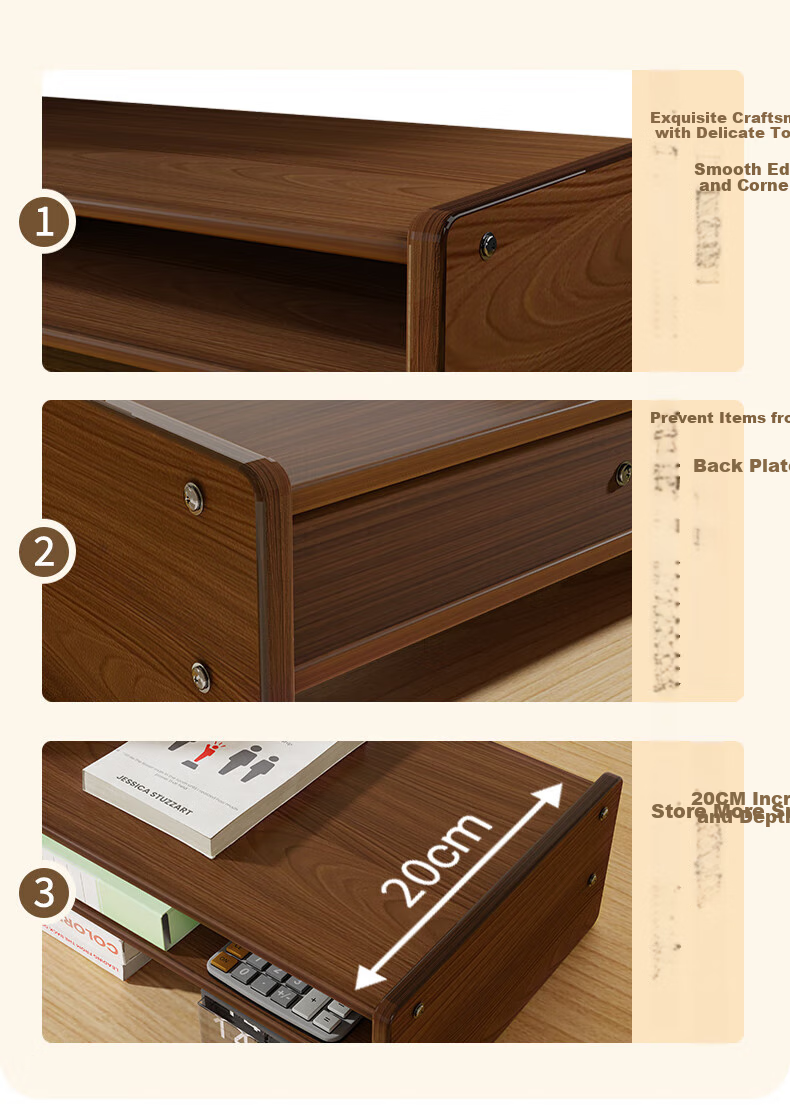 Youbili Computer Riser Desk File Cabinet, Wooden Height-Increasing Table, Multifunctional Office Desk Keyboard Storage Monitor Riser Base Laptop Storage Rack, 5069 Walnut Color 9
