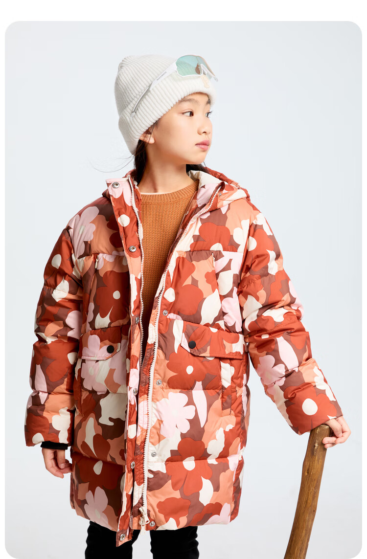 Annil Children's Clothing, Girls' Mid-Length down Jacket, 2024 Winter New Style, Brown Floral Pattern, Size 120 4