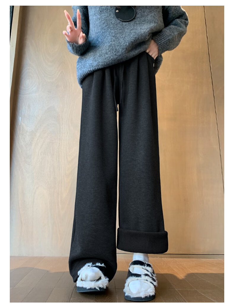 FitonTon Women's Lamb Fleece Lined Glutinous Rice Pants Winter 2025 New Thickened High Waist Draped Straight Wide Leg Slimming Trousers 8