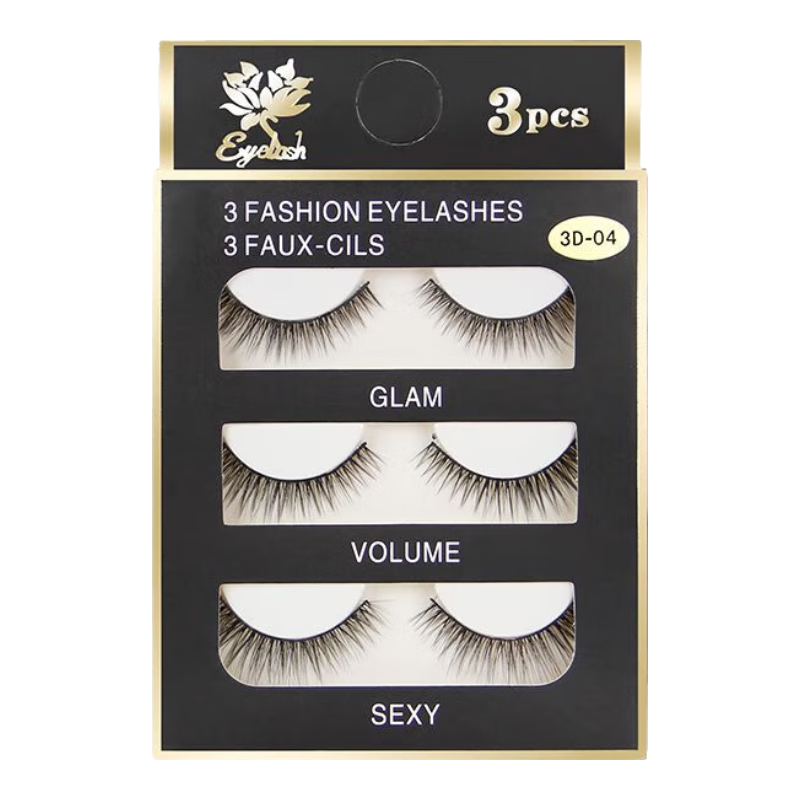 UPLUS Sharpened 3D Natural Dense False Eyelashes, One-Piece Style, 3 Pairs, 04 Full-Length Eyelashes, Hard Stem, Cosplay Stage Makeup