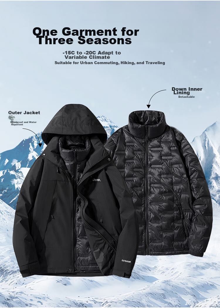 JEEP Unisex Couple Winter 3-in-1 Down Jacket Black L 5