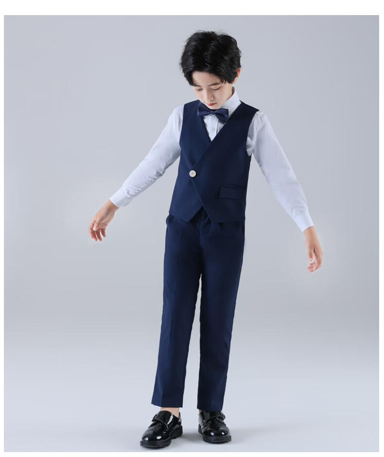 Yinuofang Children's Suit Set, Vest Set for Performances, Boys' Suit, Navy Blue Single-Breasted Vest Set, 160CM 13