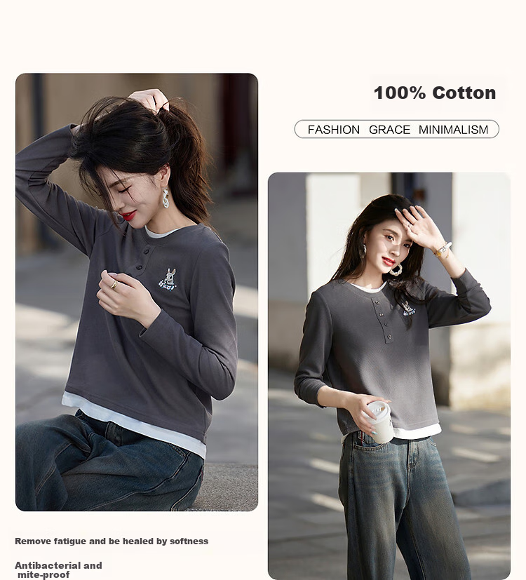 Demna【Rabbit Patchwork Fake Two-piece Women's T-shirt】2025 Autumn New Commuter Round Neck Long Sleeve T-shirt Women 4