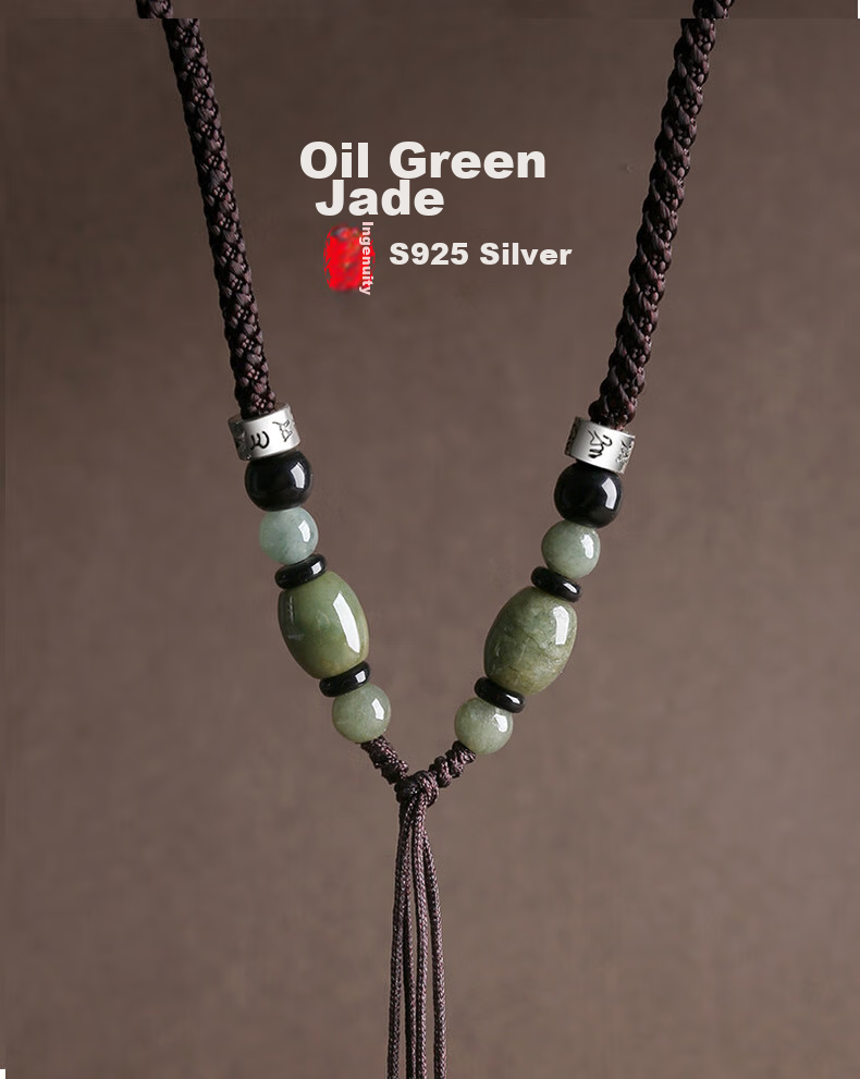 Dijing 925 Silver Jade Pendant Necklace Cord for Men And Women, High-Quality Jade Pendant with Buddha Amulet And Peace Buckle Accessory 1