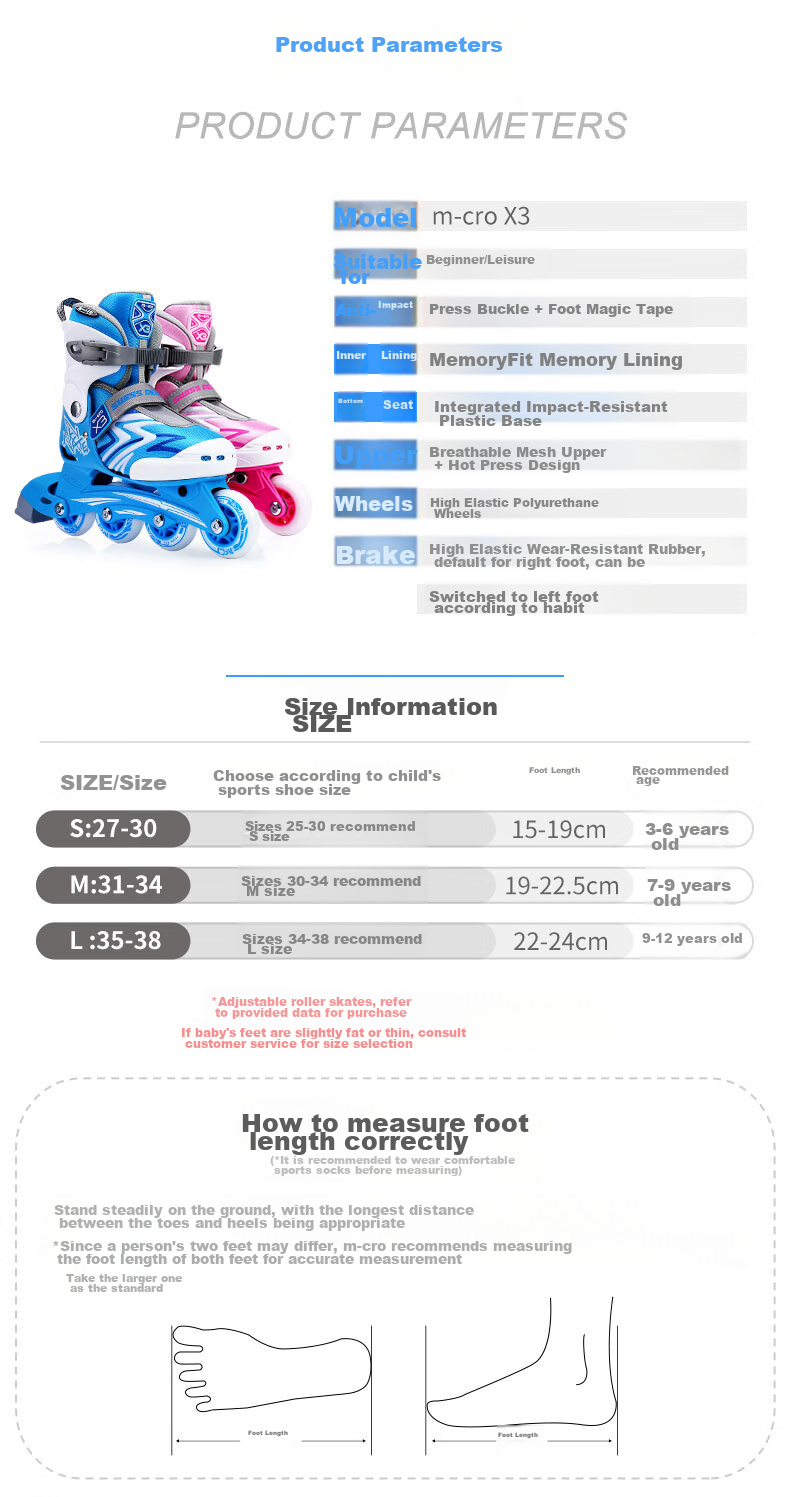 Micro Ice Skates for Children, Boys And Girls, Micro Roller Skates Suitable for Primary And Secondary School Students, X3 Blue Single Shoe Size L 4