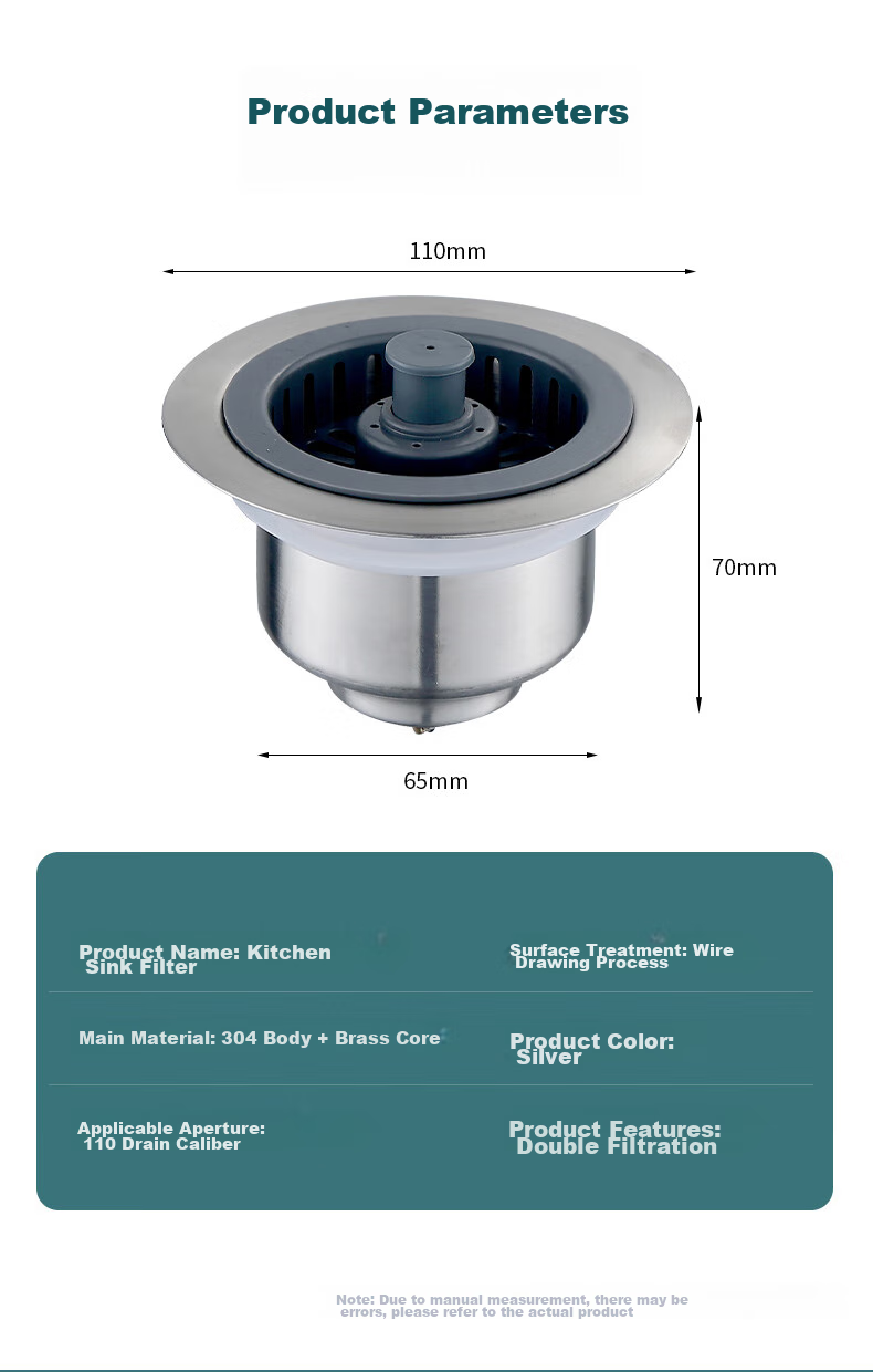 Pollock Kitchen Double Sink Strainer, Vegetable Washing Basin Drain Stopper, Spring-Loaded Filter Core, Stainless Steel Odor Prevention Device SCX-S 18
